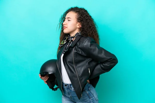 Mujer Árabe Joven Con Casco Moto Aislado Sobre Fondo Azul —  Fotos de Stock