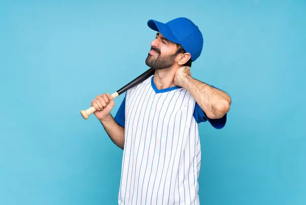 Young Man Playing Baseball Isolated Blue Background Neckache — Stock Photo, Image
