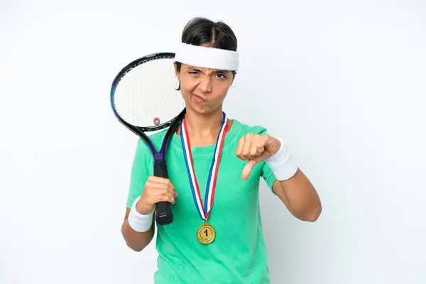 Young Tennis Player Woman Isolated White Background Showing Thumb Negative — Stock Photo, Image