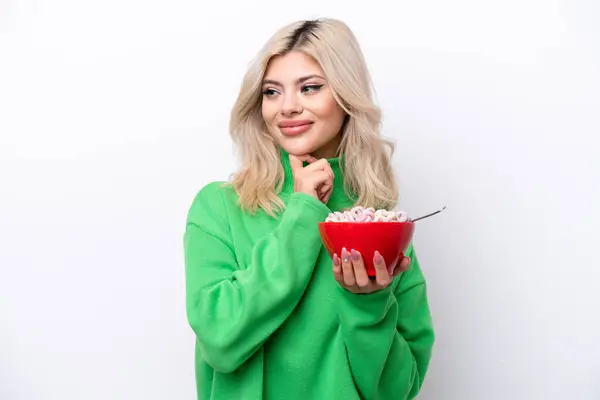 Young Russian Woman Holding Bowl Cereals Isolated White Background Looking — Stock Photo, Image