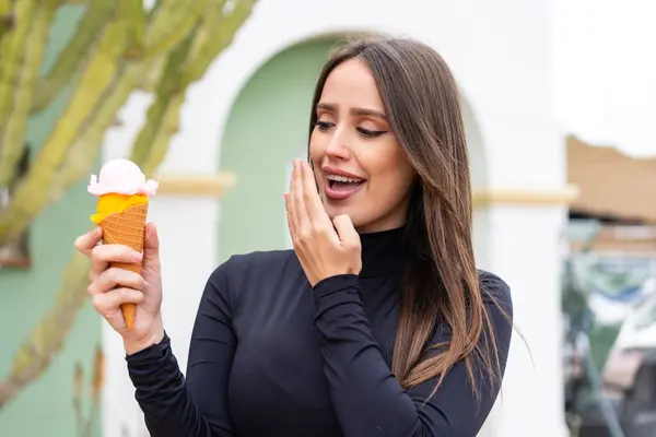Young Pretty Woman Cornet Ice Cream Outdoors Surprise Shocked Facial — Stock Photo, Image