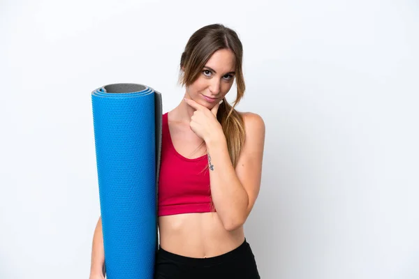 Young Sport Woman Going Yoga Classes While Holding Mat Isolated — Photo