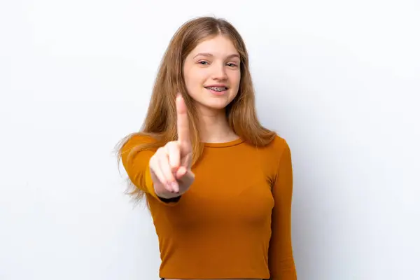 Beyaz Arka Planda Izole Edilmiş Genç Rus Kız Parmağını Kaldırıyor — Stok fotoğraf