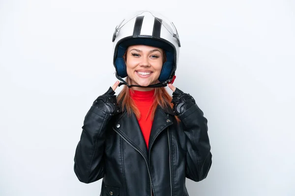 Jong Russisch Meisje Met Een Motorfiets Helm Geïsoleerd Witte Achtergrond — Stockfoto