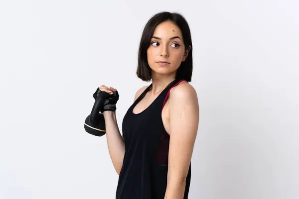 Young Caucasian Woman Isolated White Background Making Weightlifting Kettlebell — Stock Photo, Image