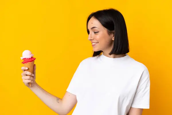 Young Caucasian Woman Cornet Ice Cream Isolated Yellow Background Happy — Stock Photo, Image