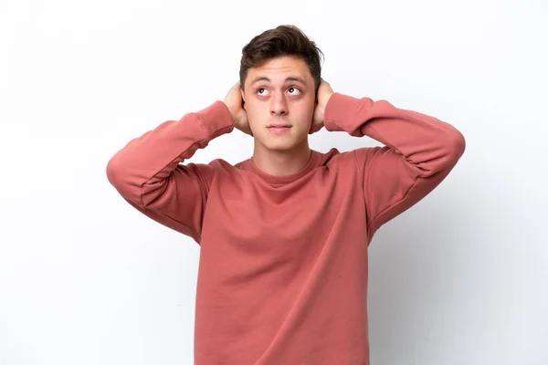 Young Handsome Brazilian Man Isolated White Background Frustrated Covering Ears — Stock Photo, Image