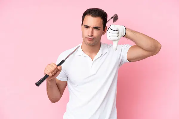 Young Golfer Player Man Isolated Pink Background Showing Thumb Negative —  Fotos de Stock