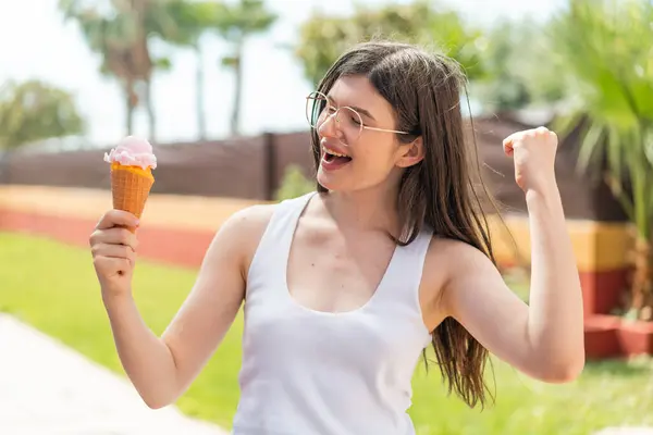 Young Pretty Ukrainian Woman Cornet Ice Cream Outdoors Celebrating Victory — Stock Photo, Image