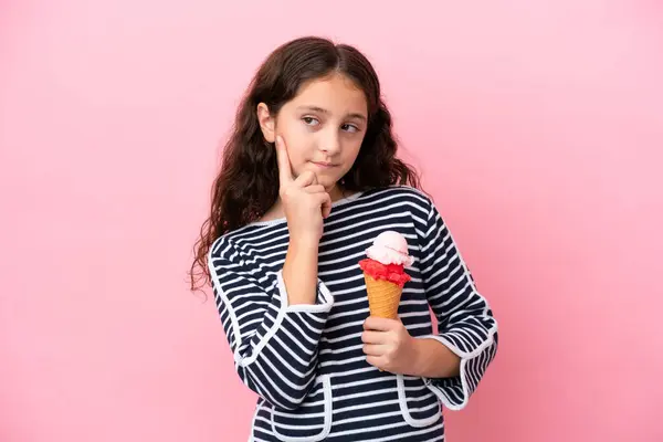 Little Caucasian Girl Holding Ice Cream Isolated Pink Background Thinking — Stock Photo, Image