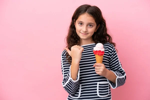 Little Caucasian Girl Holding Ice Cream Isolated Pink Background Pointing — Stock Photo, Image