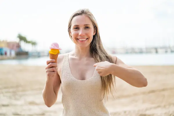 Young Blonde Woman Cornet Ice Cream Outdoors Surprise Facial Expression — Stock Photo, Image