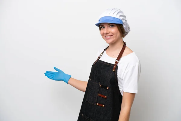 Fishmonger Woman Wearing Apron Extending Hands Side Inviting Come — Stock Photo, Image
