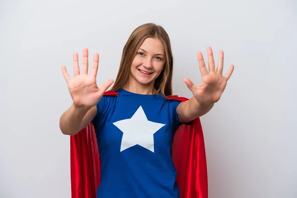Super Herói Mulher Russa Isolada Fundo Branco Contando Dez Com — Fotografia de Stock