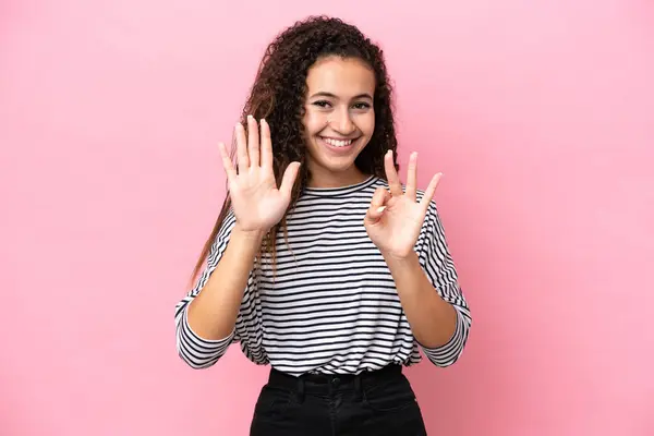 Young Hispanic Woman Isolated Pink Background Counting Eight Fingers — Stock Photo, Image