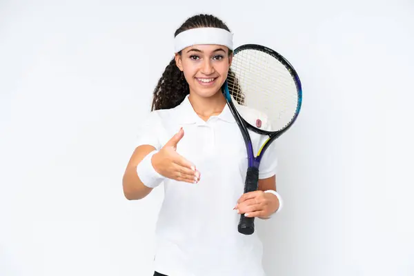Ung Tennisspelare Kvinna Isolerad Vit Bakgrund Skakar Hand För Att — Stockfoto