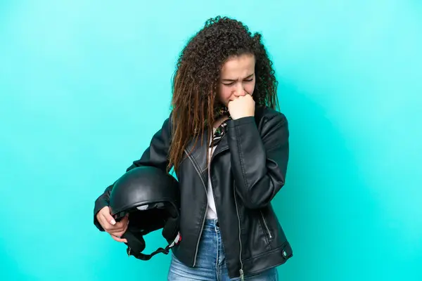 Young Arab Woman Motorcycle Helmet Isolated Blue Background Having Doubts — Stock Photo, Image