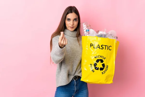 Young Caucasian Woman Holding Bag Full Plastic Bottles Recycle Isolated — Stock Photo, Image