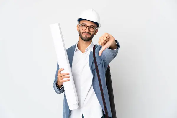Young Architect Man Helmet Holding Blueprints Isolated White Background Showing — Stock Photo, Image