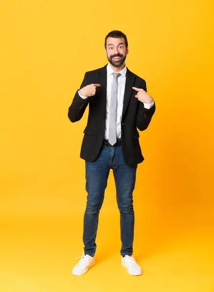Full Length Shot Business Man Isolated Yellow Background Surprise Facial — Stock Photo, Image