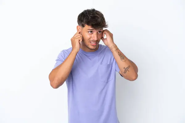 Young Caucasian Handsome Man Isolated White Background Frustrated Covering Ears — Stock Photo, Image
