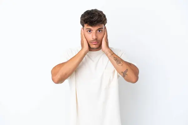 Young Caucasian Handsome Man Isolated White Background Frustrated Covering Ears — Stock Photo, Image