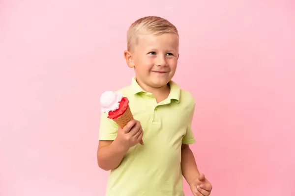 Little Russian Boy Cornet Ice Cream Isolated Background — Stock Photo, Image