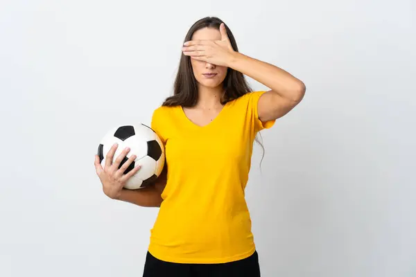 Young Football Player Woman Isolated White Background Covering Eyes Hands — Stock Photo, Image