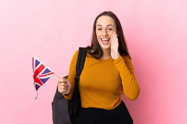 Giovane Donna Ispanica Con Una Bandiera Del Regno Unito Che — Foto Stock