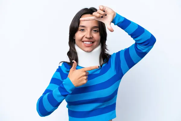 Young Hispanic Woman Wearing Neck Brace Isolated White Background Focusing — Stock Photo, Image