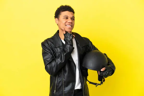 Young African American Man Motorcycle Helmet Isolated Yellow Background Thinking — 图库照片