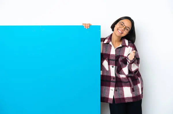 Young Mixed Race Woman Big Blue Placard Isolated White Background — Stock Photo, Image