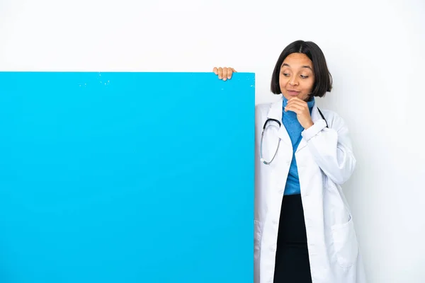 Young Mixed Race Doctor Woman Big Placard Isolated White Background — Stock Photo, Image