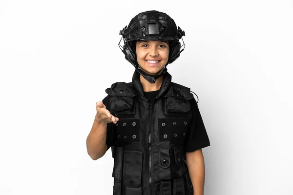Swat Woman Isolated White Background Shaking Hands Closing Good Deal — Stock Photo, Image