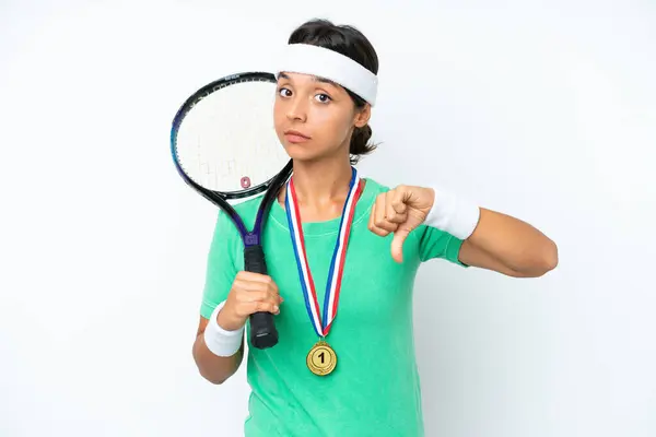 Beyaz Arka Planda Izole Edilmiş Genç Tenisçi Kadın Olumsuz Ifade — Stok fotoğraf