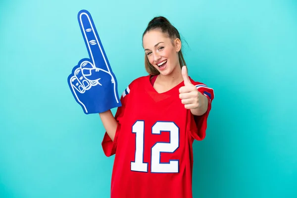 Young Caucasian Sport Woman Isolated Blue Background Thumbs Because Something — Stock Photo, Image