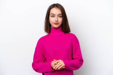 Genç Ukraynalı kadın beyaz arka planda izole edilmiş gülüyor.