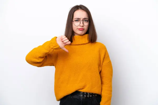 Young Ukrainian Woman Isolated White Background Showing Thumb Negative Expression — Stock Photo, Image
