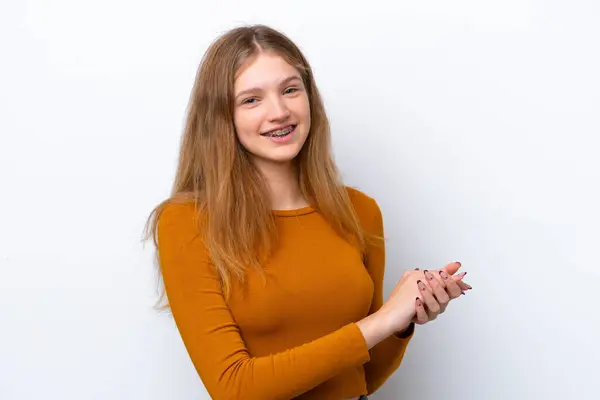 Teenager Russian Girl Isolated White Background Applauding — 图库照片