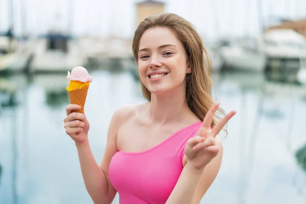Young Redhead Woman Cornet Ice Cream Outdoors Smiling Showing Victory — Stock Photo, Image