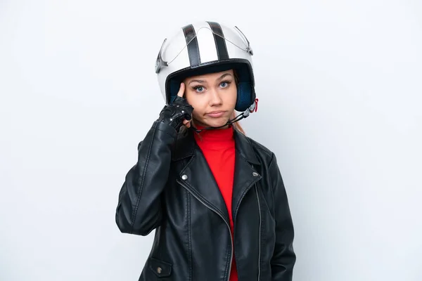 Young Russian Girl Motorcycle Helmet Isolated White Background Thinking Idea — Stock Photo, Image