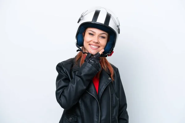 Young Russian Girl Motorcycle Helmet Isolated White Background Happy Smiling — Stock Photo, Image