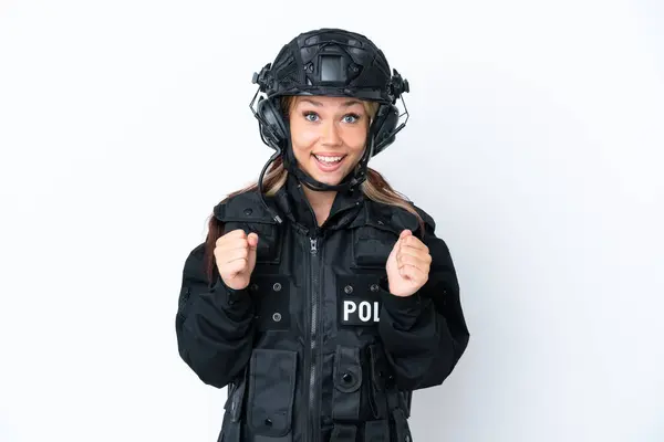 Swat Russian Woman Isolated White Background Celebrating Victory Winner Position — Stock Photo, Image