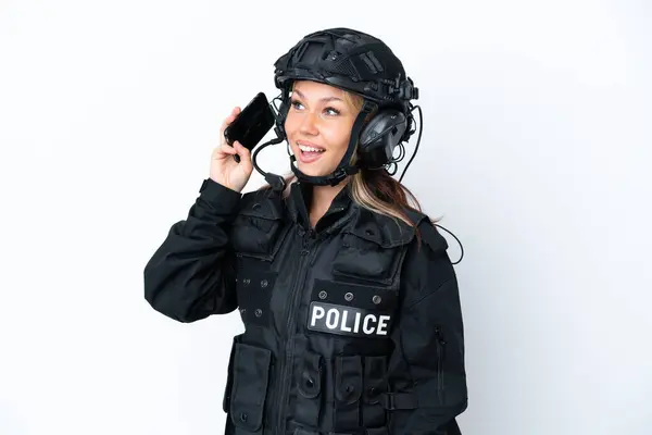 Swat Russian Woman Isolated White Background Keeping Conversation Mobile Phone — Stock Photo, Image