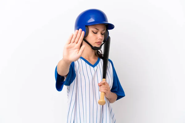 Honkbal Russische Meisje Speler Met Helm Knuppel Geïsoleerd Witte Achtergrond — Stockfoto