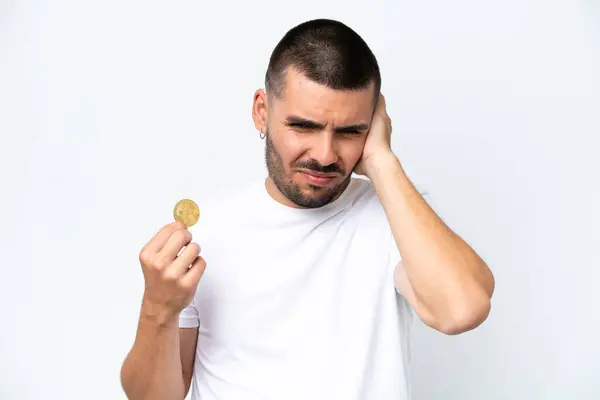 Young Caucasian Man Holding Bitcoin Isolated White Background Frustrated Covering — Stock Photo, Image
