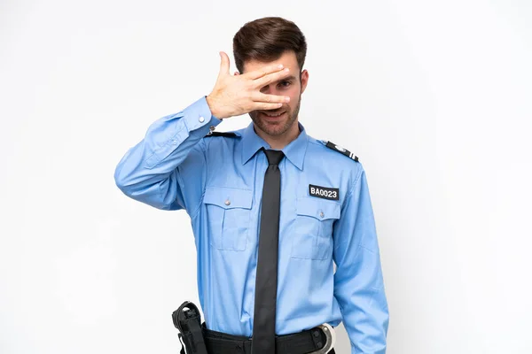 Young Police Caucasian Man Isolated White Background Covering Eyes Hands — Stockfoto
