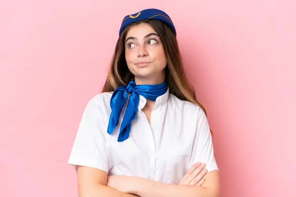 Airplane Stewardess Caucasian Woman Isolated Pink Background Having Doubts While — Stock Photo, Image
