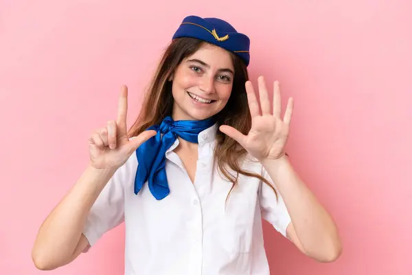 Airplane Stewardess Caucasian Woman Isolated Pink Background Counting Seven Fingers — Stock Photo, Image