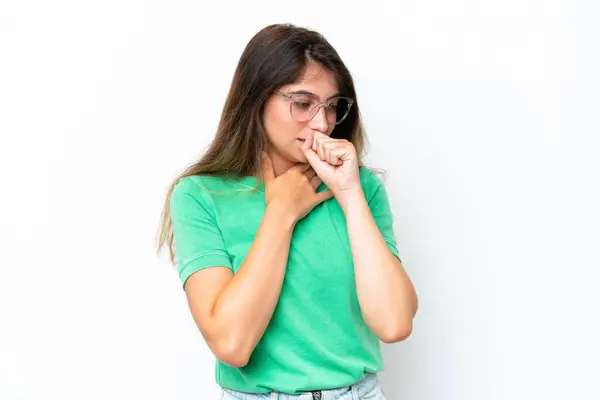 Young Caucasian Woman Isolated White Background Coughing Lot — Stock Photo, Image